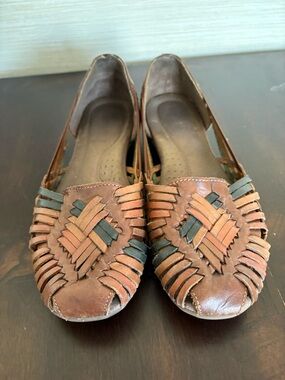 Brown Leather Woven Huarache Flats